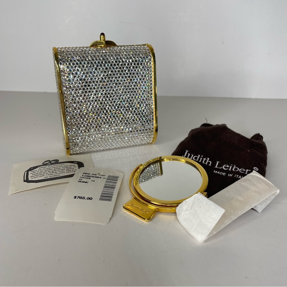 Judith Leiber Evening Bag Swarovski Crystals Mirror Comb Clear White Gold Clutch
